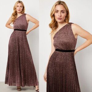 NWT BCBGMAXAZRIA Yasmin One Shoulder Pleated Metallic Evening Gown size S Pink